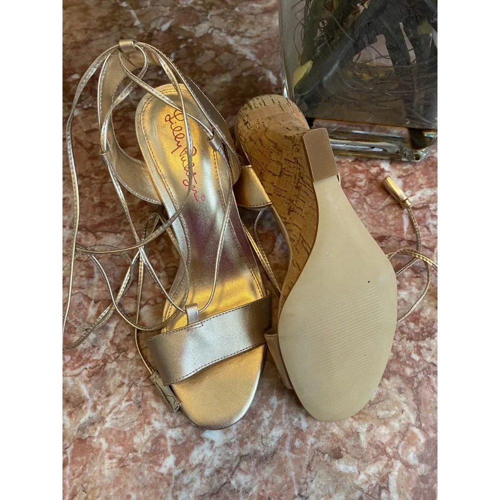 New Lilly Pulitzer Aria Gold Leather Cork Wedge Lace Up Heel Sandals Sz 6M, $198